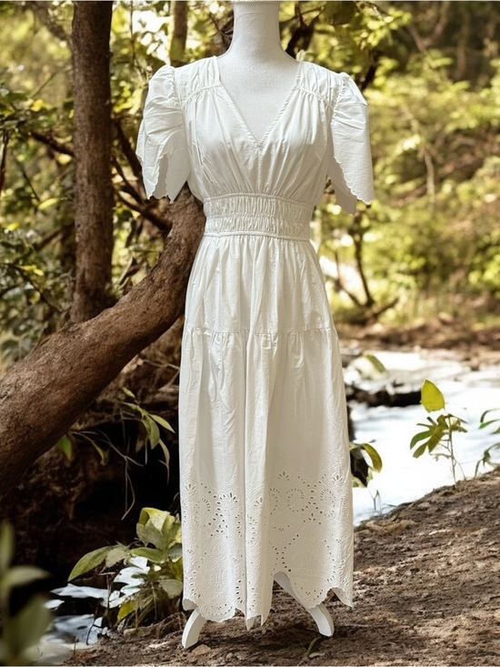 Moon River Dresses & Skirts - Moon River White Floral Embroidered Tiered Eyelet Puff Sleeve V Neck Maxi Dress